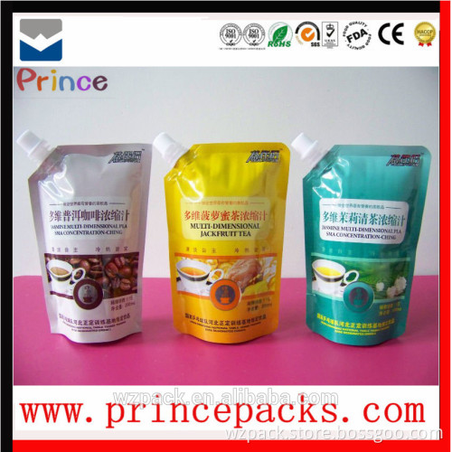 plastic laminated stand up spout pouch for liquid products and juice packaging